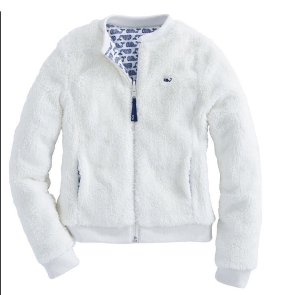 Vineyard Vines Girls Reversible Whale Print Sherpa Bomber Jacket Size M 10-12 - Picture 2 of 11